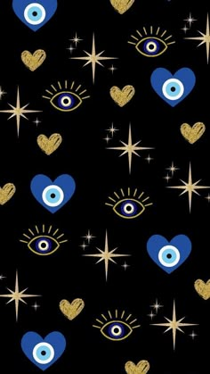 an eye and stars pattern on a black background with gold glitter hearts, blue eyes and starbursts