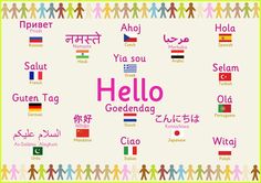 the words hello in different languages are written on a white background with colorful people and flags