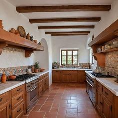 a kitchen with wooden cabinets and tile flooring is pictured in this image, there are many potted plants on the shelves above the stove