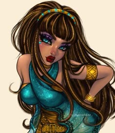 a drawing of a woman with long brown hair and blue eyes, wearing gold jewelry