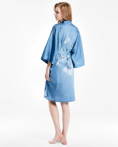 The mulberry silk kimono print robe is, soft color, soft and comfortable, and silky skin-friendly, the combination of pure mulberry silk material and exquisite digital inkjet printing is more elegant and luxurious. Sexy V-neck, showing the soft line of the neck and modifying the face. The loose three-quarter sleeves are comfortable and easy for the wrist to move freely. The waist tie design breaks mediocrity, improves the waistline, and shows the perfect proportion. inner ties design, Inner ties Elegant Summer Robe For Relaxation, Silk Home Kimono With Kimono Sleeves, Silk Wrap Kimono For Loungewear, Elegant Summer Relaxation Kimono, Silk Wrap Robe For Sleep, Summer Silk Robe For Sleep, Summer Satin Robe, Spring Open Front Home Robe, Spring Silk Robe With Open Front