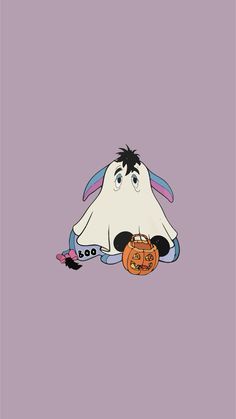 a cartoon dog sitting on top of a purple floor next to a jack - o'- lantern