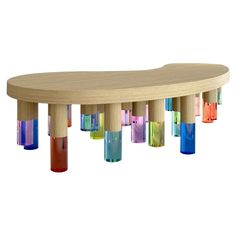 a wooden bench with multicolored glass vases on the top and bottom section