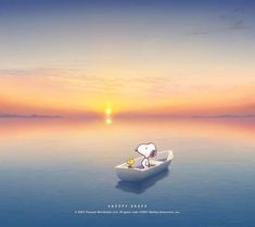 a cartoon dog sitting in a small boat on the water at sunset with an orange and blue sky