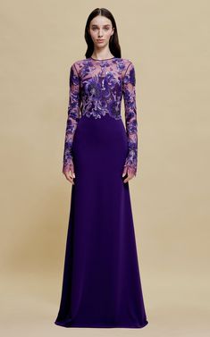 Women's Naeem Khan Resort 2025 Collection | Moda Operandi Crepe Gown, Floral Gown, Beaded Bodice, Jewel Neck, Lace Gown, Real Women, Purple Dress