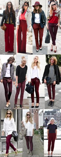 Burgundy pants. More photos on linked blog Outfit Pantalon Vino, Burgundy Pants Outfit, Lederhosen Outfit, Burgundy Trousers, Maroon Jeans, Dress Pants Outfits, Burgundy Outfit