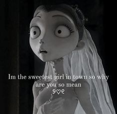 the corpse bride is looking at something with her eyes wide open and an evil look on her face