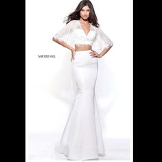 Two-Piece Mermaid With A Lace Bell Sleeve Bodice And Mikado Skirt. Stunning In Person! Elegant Fitted Skirt With Sweep Train, Elegant White Two-piece Dress, Elegant White Two-piece Wedding Dress, Elegant White Prom Skirt, Elegant White Skirt For Prom, Fitted White Skirt For Prom, Dresses Two Piece, Ivory Prom Dresses, Lace Prom Gown