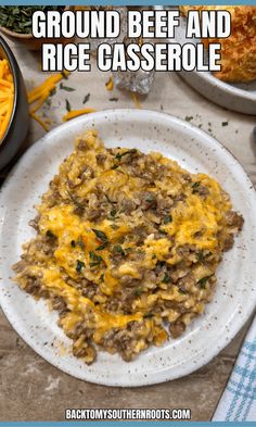 ground beef and rice casserole on a white plate with text overlay that reads ground beef and rice casserole