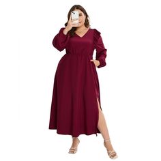 Plus Size Fall Dress with Pocket Ruffle Cap Long Sleeves V Neck Side Split Long Maxi Dress for Women Plus Size Fall Dress, Plus Size Long Sleeve Dress, Midi Dress Fall, Maxi Bodycon Dress, Sheer Maxi Dress, Plus Size Fall, Midi Shift Dress, Mini Sundress, Ruched Midi Dress