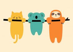 three cartoon animals hanging on a line with one slotty bear and the other cat