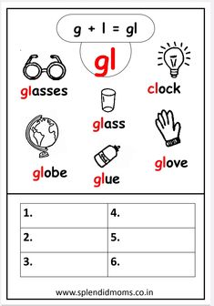 a worksheet with the words gl and gl in red on it