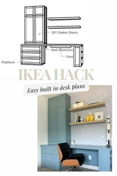 the diagram shows how to use ikea hacks for easy built in desk plans