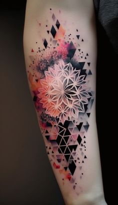 a woman's arm with an abstract tattoo design on the left side of her body