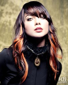 Punk Balayage, Under Hair Color, 2018 Hairstyles, Dark Beauty Fashion, Orange Highlights, Aveda Hair, Peekaboo Hair, Side Fringe, Tousled Waves