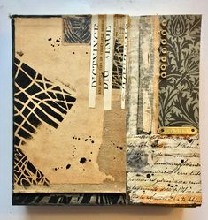 an altered book with torn paper and other things on it's cover is shown