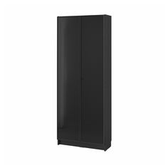 a tall black cabinet with two doors on one side and an open door on the other