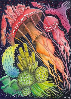 an art work with different types of plants and animals in the ocean, including jellyfish