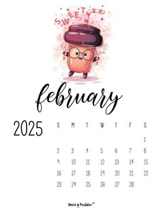 a calendar for the month of february with an image of a cartoon character wearing a top hat