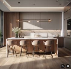 a modern kitchen with marble counter tops and wooden flooring, along with white bar stools