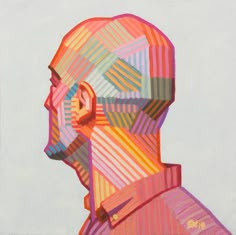 a painting of a man's head with multicolored lines on it and his face