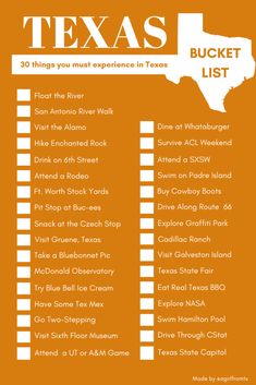 the texas bucket list is shown on an orange background