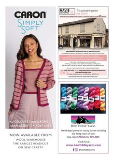 an advertisement for crochet magazine featuring a woman wearing a pink dress and striped cardigan