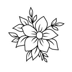 a black and white drawing of a flower with leaves on the petals, drawn by hand