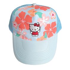 a hello kitty baseball cap with flowers on the front and blue brimmed visor