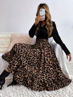 Multicolor Casual   Polyester Leopard A Line Embellished Non-Stretch Spring/Fall Women Bottoms Stile Boho Chic, Floral Print Midi Skirt, Ruffle Maxi Skirt, Ruffle Hem Skirt, Shein Brasil, Outfits Woman, Leopard Print Skirt, Leopard Skirt, Effortlessly Chic Outfits