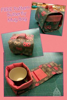 this is an image of a bag made out of fabric and paper with the words free pattern butterfly mug bag