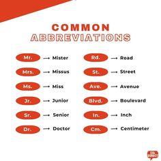 an orange and white poster with the words common abbreviations in red, on a white background