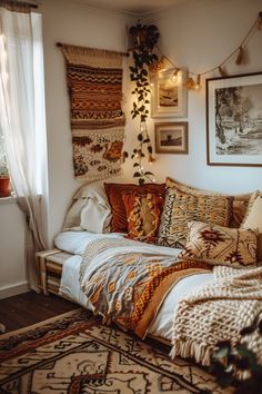 a bed with pillows and blankets on top of it in a room filled with pictures