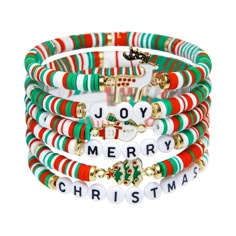 three bracelets with christmas decorations and words on the front, in red, green, and white