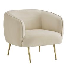 a white chair with gold legs and a beige seat on top of the armrests