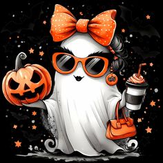 a cartoon ghost with sunglasses and a pumpkin holding a drink in one hand while wearing a bow tie