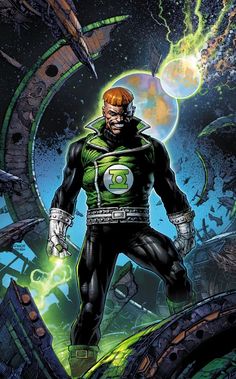 the green lantern is standing in front of an alien like creature with his hands on his hips