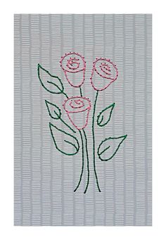 a drawing of three flowers with green stems on a white background that has vertical stripes