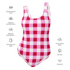 Get ready to rock your summer look with our classic Cherry Red, White and Pink Preppy Gingham One Piece Swimsuit! This adorable swimsuit is designed to flatter all shapes and sizes, while the silky smooth material adds an extra touch of luxury. Whether you're at the beach or pool, this swimsuit will have you feeling Extremely Stoked! • 82% Polyester, 18% Spandex • Chlorine-resistant fabric • Cheeky fit with a scoop neckline and a low scoop back • Zig-zag stitching • Double-layer front • Four-way Surf Stickers, Pink Preppy, Preppy Plaid, Flared Leggings, Fabric Labels, Beach Lifestyle, Surf Style, Hawaiian Style, Hawaiian Print