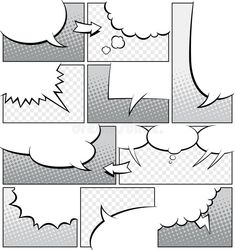 comic book page layouts with speech bubbles on the top and bottom corner, in black and