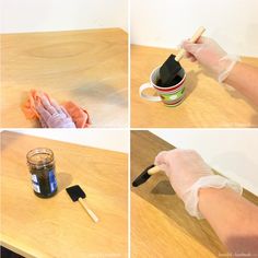 four pictures showing how to clean a wooden table with gloves and paintbrushes on it