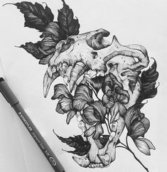 a pencil drawing of a skull and flowers