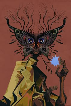 a painting of a person with a butterfly on their head and an eyeball in his hand