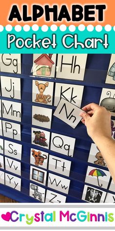 an alphabet pocket chart with pictures on it and the words in english are shown below