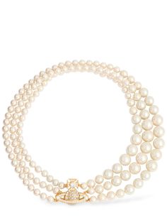 Length: 50cm. Internal circumference: 46cm. Gold-colored brass . 8,10,12 and 14mm Swarovski® glass pearls. 38mm orb motif with cubic zirconia . Magnetic closure . Nickel free Luxury Pearl Charm Necklaces For Evening, Round Pearl Necklace For Evening, Luxury Pearl-embellished Jewelry For Evening, Luxury Pearl Embellished Evening Jewelry, Luxury Round Pearl Necklace, Luxury Pearl Necklace, Graziella Necklace, Cream And Gold, Magnetic Closure