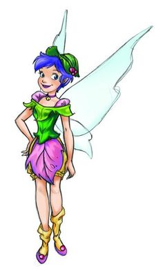 a drawing of a fairy with purple hair and green dress