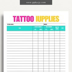 the printable tattoo supplies list is displayed on a white background with an orange and blue stripe