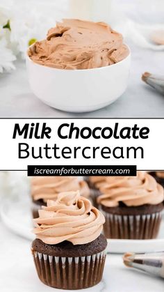 chocolate buttercream cupcakes with frosting in white bowls on a table