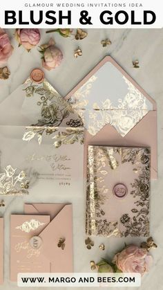 pink and gold wedding stationery with roses on the bottom, blush and gold envelopes