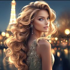 a digital painting of a woman with long blonde hair in front of the eiffel tower